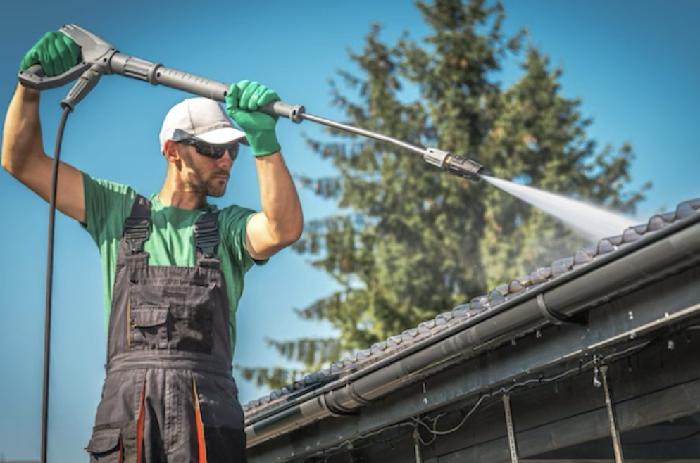 man pressure washing roof at homee